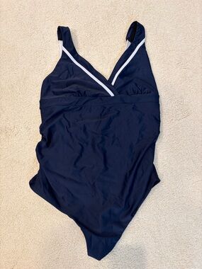 Navy One-Piece Maternity Swimsuit with White Trim
